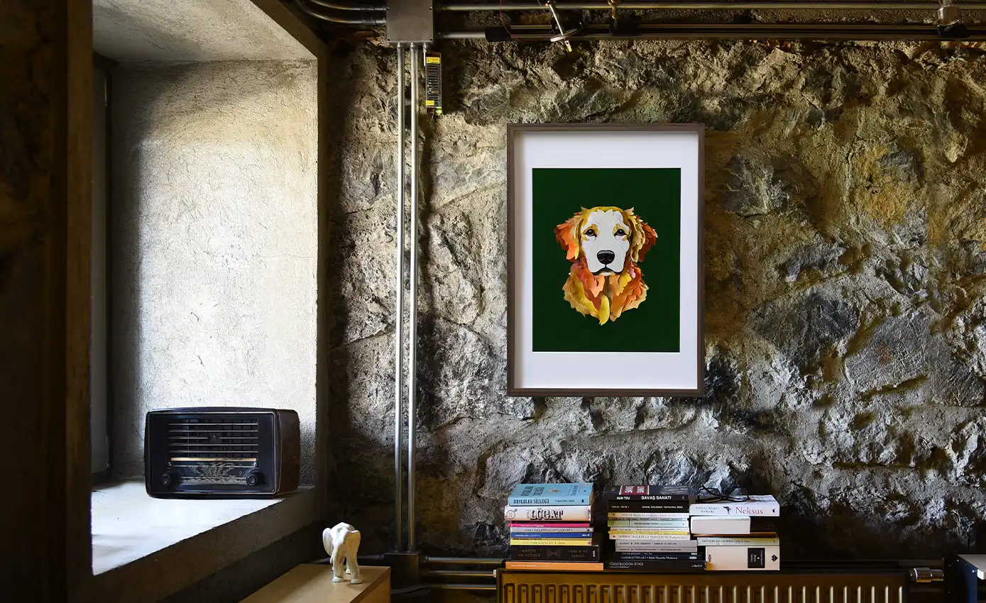 rustik salon köşesinde golden katmanlı suluboya sanat eseri