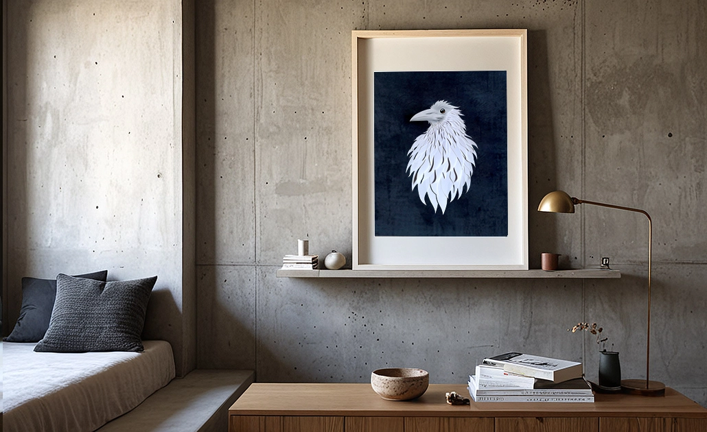 loft salonda lacivert kadife fonlu albino kuzgun sanat eseri