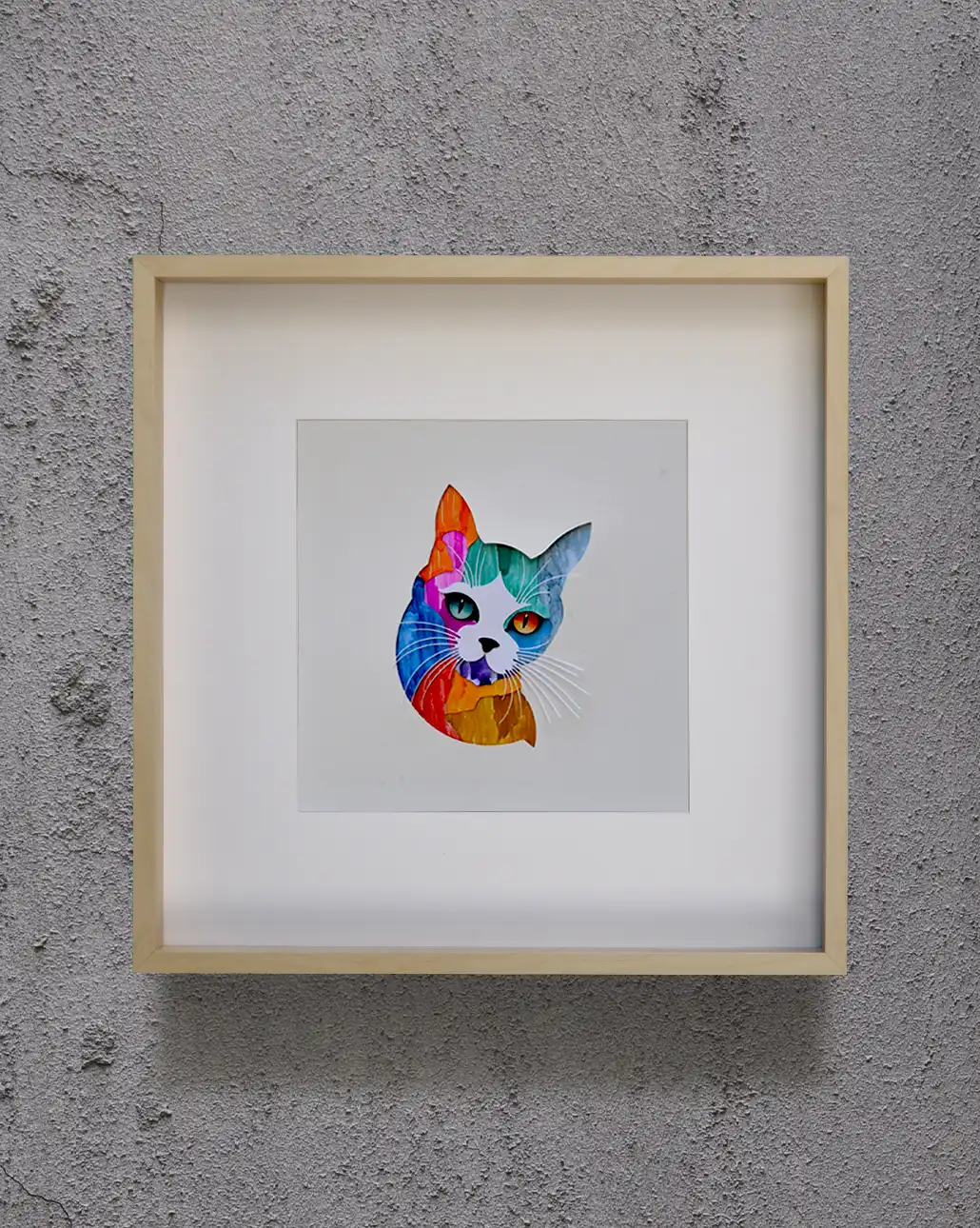 canlı renk geçişleriyle sulu boya kedi portresi kağıt kesim sanatı