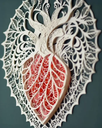 koyu yeşil fonda kademeli kesim kağıt sanat eseri kalp çalışması bokeh yakın plan çekim