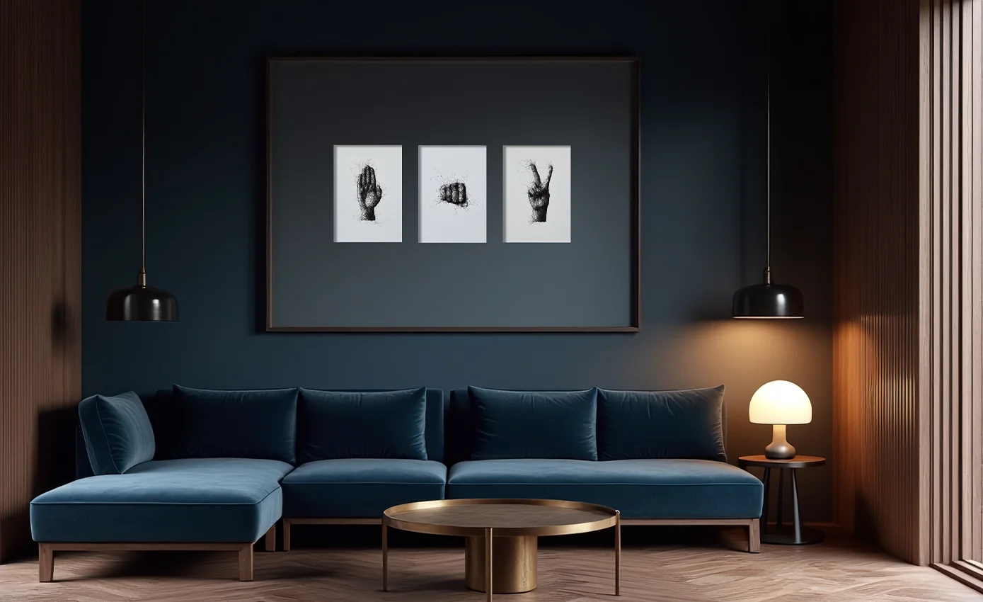 koyu iç mekânda üç ögeli el illustrasyonu