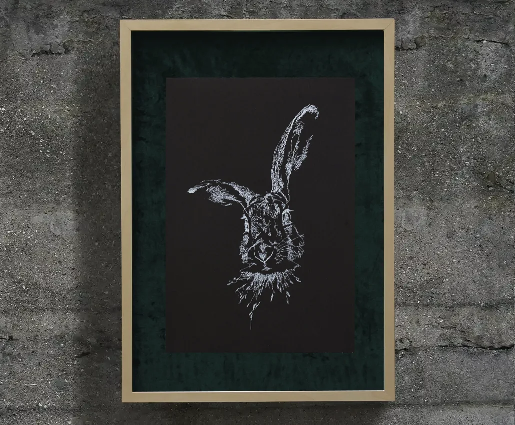 plotter art tavşan siyah fon üzeri beyaz çini