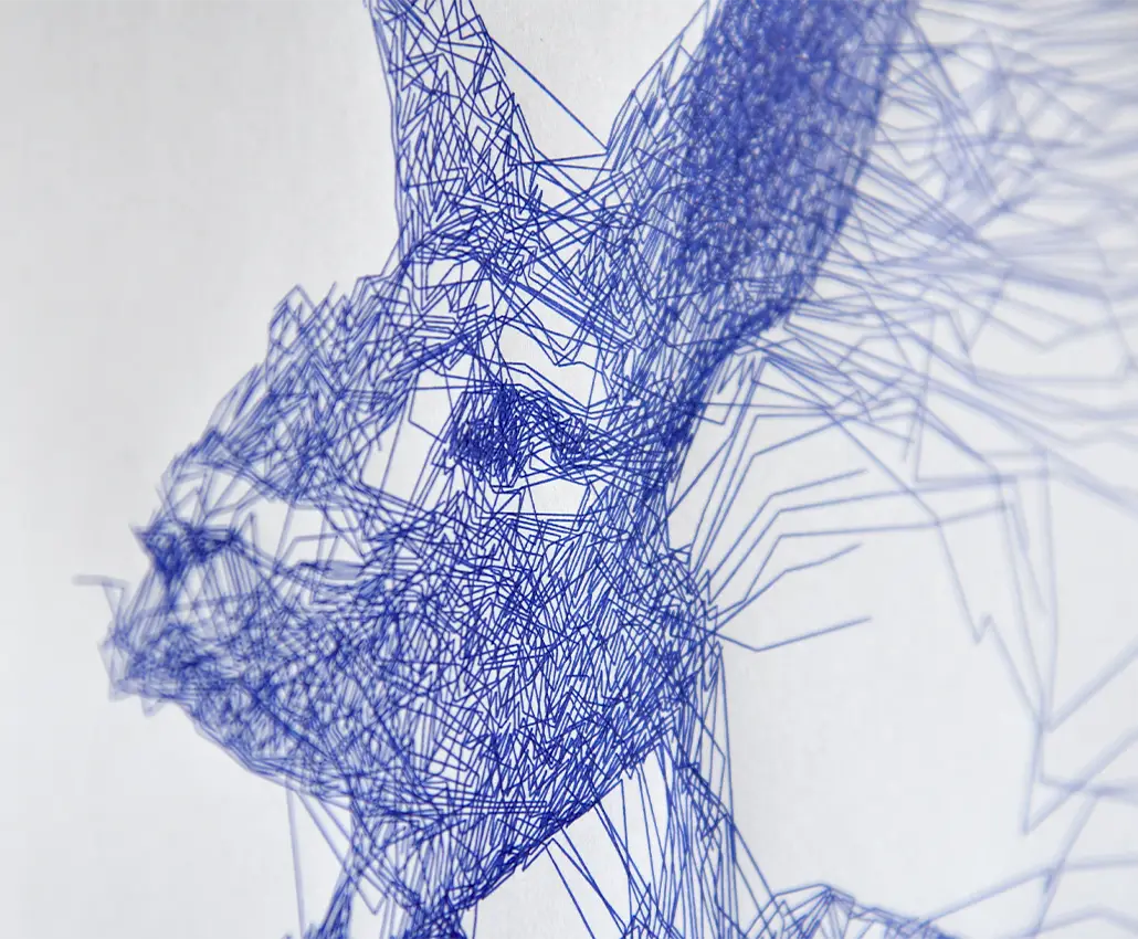 mavi çizgi dokulu tavşan portresi plotter art yakın plan detay