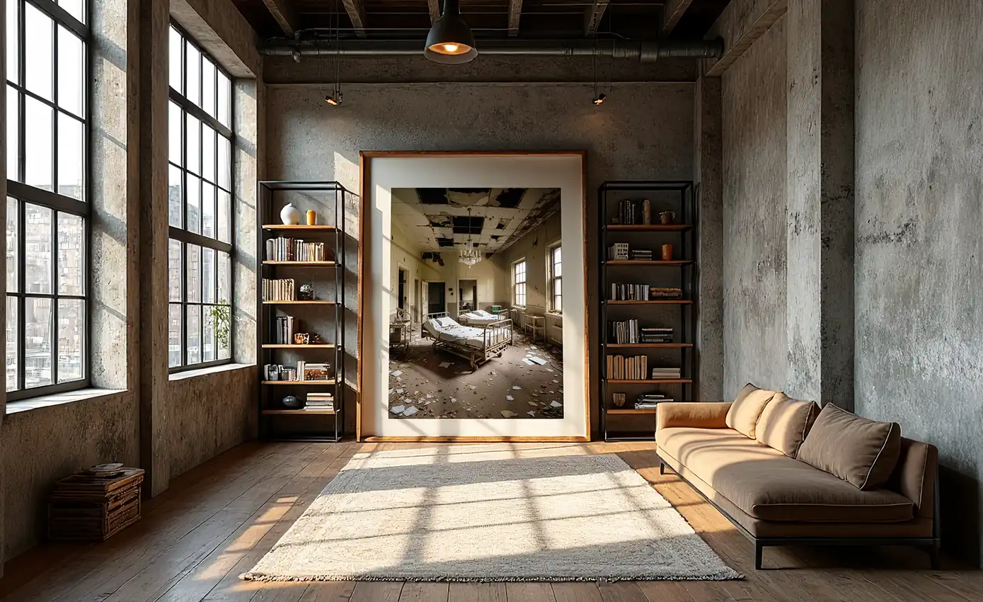 ince meşe çerçeve ve beyaz paspartu içinde loft salonda sunulan terk edilmiş hastane odası ai sanat görseli