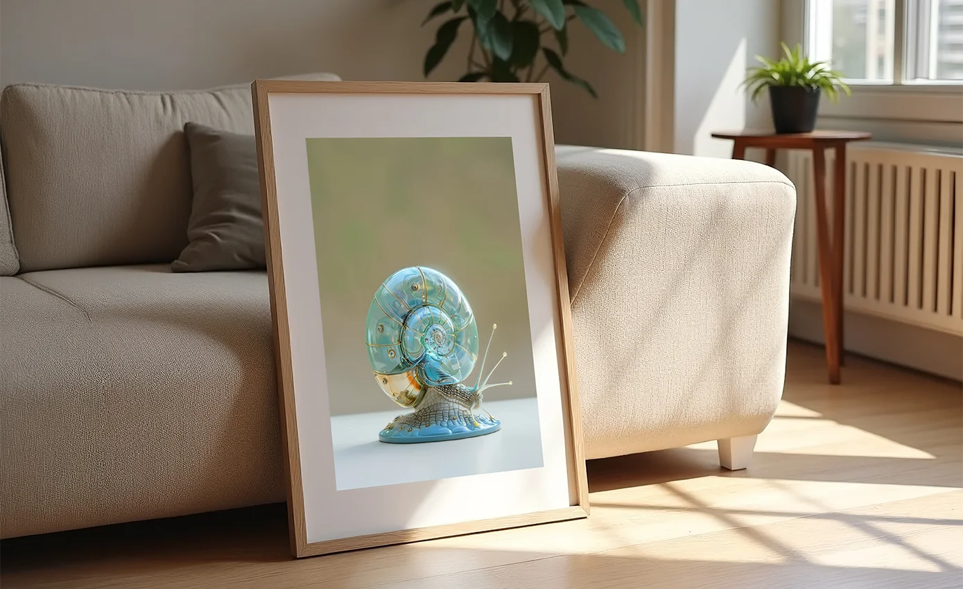 salonda koltuğa dayalı meşe çerçeveli salyangoz formu ai sanat görseli