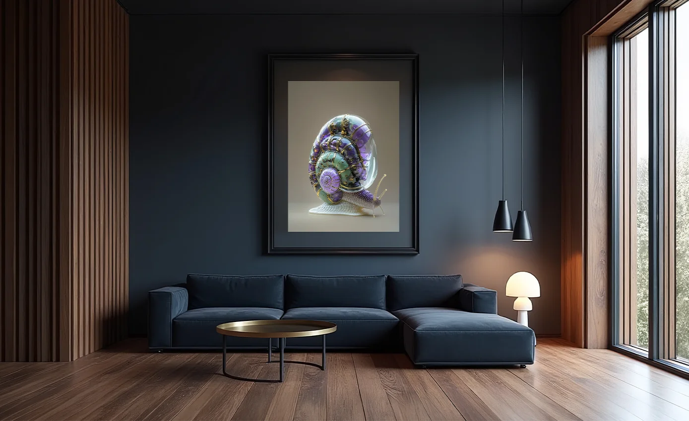 modern salonda kanepe üzerinde koyu çerçeveli salyangoz formu ai sanat görseli